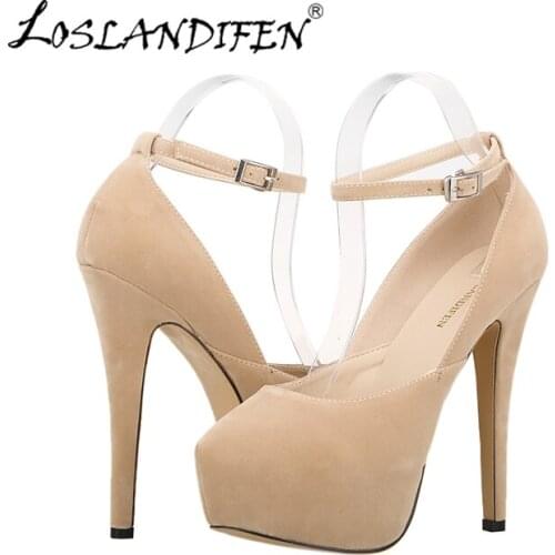 LOSLANDIFEN Fashion Women Velvet Pumps Ankle Strap Platform Sexy Elegant High Heel Pointed Toe Red Shoes 817-5VE