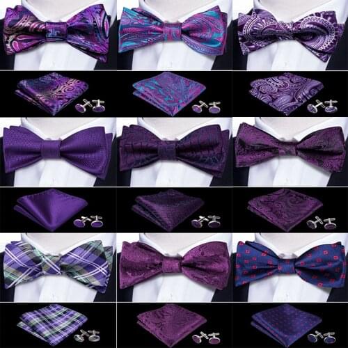 Self Bow Tie For Men Silk Butterfly Mens Tie Purple Tie Lattice Hanky Cufflinks Suit Collar Removable Necktie For Wedding Party