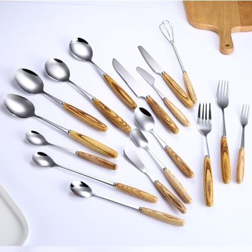 Flatware Set Wooden Handle Tableware Stainless Steel Cutlery Set Metal Silverware Sets Spoon Fork Knife Dessert Spoons 6/12 Pcs