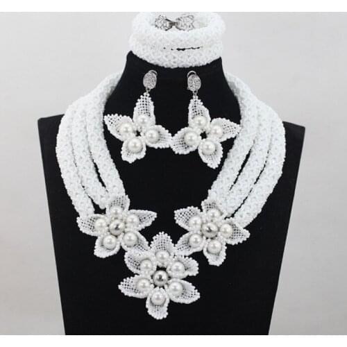 Nigerian Accessories Wedding Bead 2016 White Crystal Flower Necklaces Bracelet Earrings Set African Costume Free Shipping ANJ140