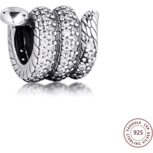 2020 New 925 Sterling Silver Sparkling Wrapped Snake Charms Fits Pandora Bracelet Clear CZ Beads for Jewelry Making bijoux