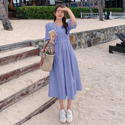 New Summer Maternity Dress Pink Blue Bowknot Big Yards Pregnant Women Dress Square Collar Puff Sleeve Pregnancy Maxi Dress