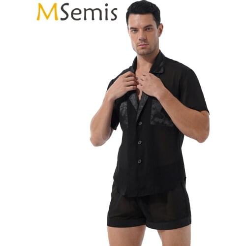 Mens Male Pajama Set See-through Sissy Nightwear Sleepwear Satin Patchwork Chiffon Lapel Short Sleeve Button Tops with Shorts