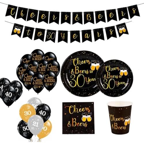 Cheers Beers To 30 50 60 70 80 90 Years Birthday Party Decoration Black Gold Disposable Tableware Banner Party Supplies ww04