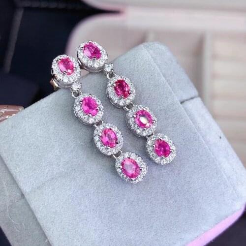 Lovely strand tassels S925 silver natural pink sapphire gem drop earrings natural gemstone women birthday party gift jewelry