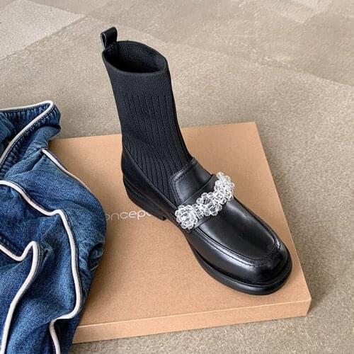 Luxury brand 2021 new winter Stretch knit boots womens shoes crystal decoration motorcycle boots female ankle boots femme