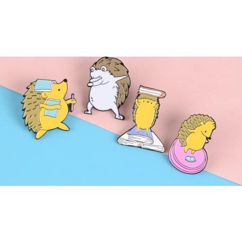 Cute Hedgehog Enamel Brooch Love reading Hedgehog Weighing scale Play cool Funny Animal badge Lapel Pin Jewelry gift for child