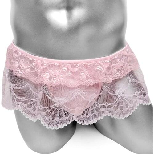 Sissy Pouch Panties Skirted Thong Underwear Floral Lace Mesh See Thru Men G String Transparent Sissy Gay Breathable Nightwear