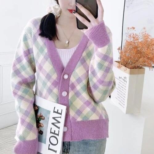 Diamond knit sweater women autumn winter 2021 new knitted V-neck sweater cardigan long sleeve v neck button
