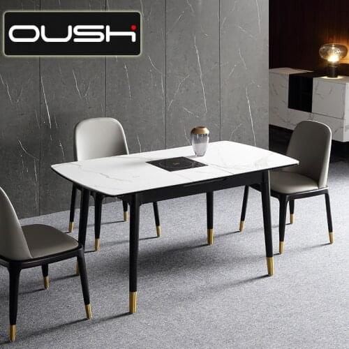 Retractable rock plate dining table modern simple household induction cooker solid wood folding rectangular small family dining