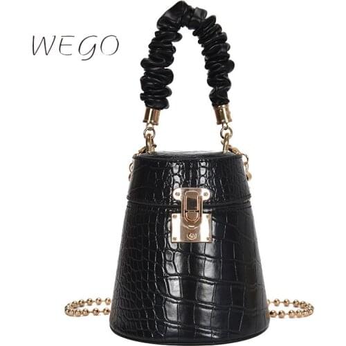 2020 Fashion Crocodile Pattern Female Shoulder Bag Bucket Lock Chain Crossbody Handbag Portable Gold Chain Lock Bucket Bag