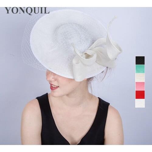 Women Imitation Sinamay Fascinator Hats White Bowknot Kentucky Derby Wedding Cocktail Church Sinamay Hairclips Gril Red Headwear