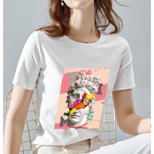 Womens Summer Tops Casual Basic T-shirt Round Neck Slimming Funny Plaster Print Top Fashion Ladies Commuter Soft White Shirt