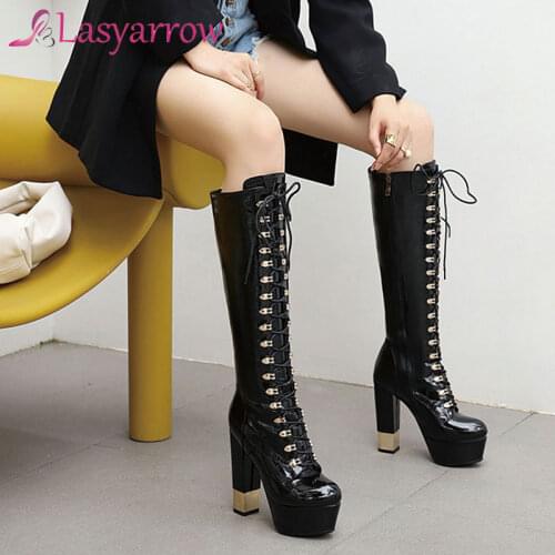 Lasyarrow 2020 new arrive party prom shoes women knee high boots round toe cross tied sexy high heel platform boots ladies