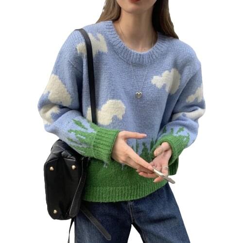 Women Knitted Sweater Cloud Grass Print Fashion Oversized Pullovers Ladies Winter Loose Sweater Korean Style Women Jumper Mujer