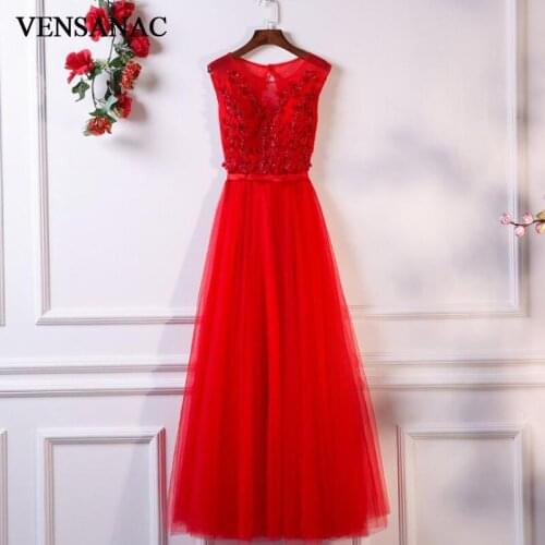 VENSANAC 2018 Flowers Appliques O Neck Long Evening Dresses Elegant A Line Party Lace Bow Sash Open Back Prom Gowns