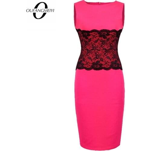 Women Elegant Charming Sleeveless Round Neck Lace Patchwork Back Slit Slim Pencil Dress 1E765