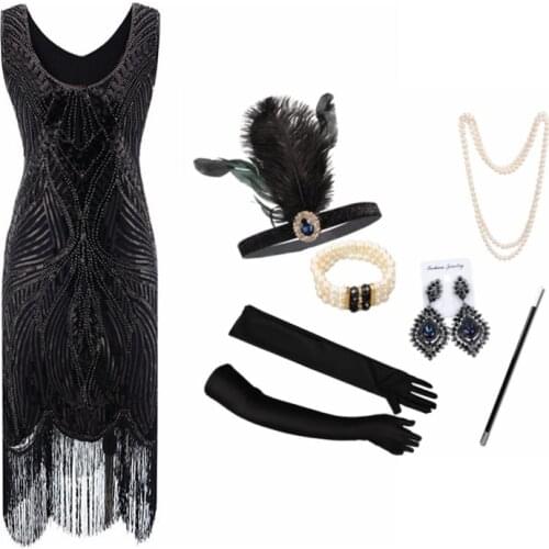 Women 1920s Diamond Sequined Embellished Fringed Great Gatsby Flapper Dress Retro Party Dress Ukraine Vestido with Accessories