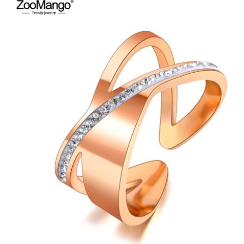 ZooMango Trendy Stainless Steel X Cross Shape Party Rings Rose Gold CZ Crystal Wedding Ring Jewelry For Women Кольца ZR20048