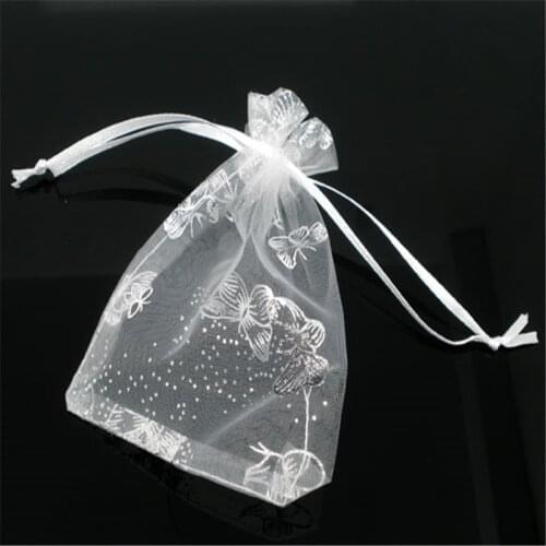 100/20 PCs Doreen Box Butterfly Organza Bags & Pouches W/Draw String 7x9cm White For Packing Jewelry Beads Wedding Gifts