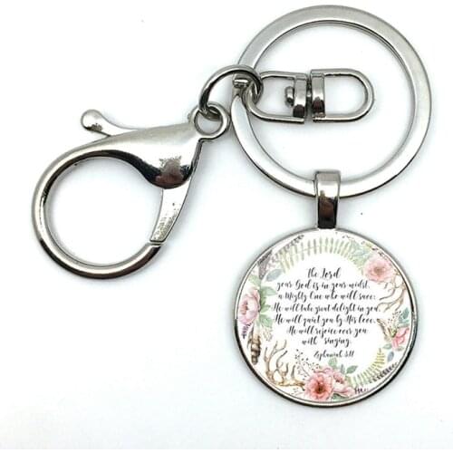 2018/Fashion selling style Jehovah Your God is among you Zephaniah 3 17 Bible Scripture Flower Psalms Circular Pendant Keychain