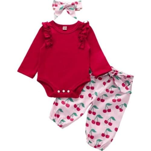 3pcs/set Baby Girl Clothing Long-sleeved Romper + Flower Printed Pants+ Headband Set Infant Newborn Spring-Autumn Sets Outfits
