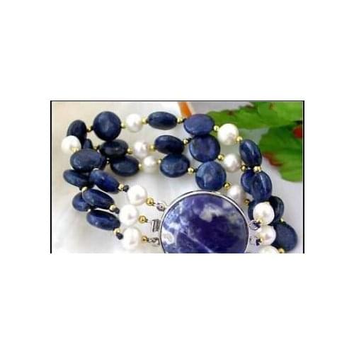 Free Shipping>>>3ROW 12MM NATUREL blue coin lapis lazuli pearl BRACELET
