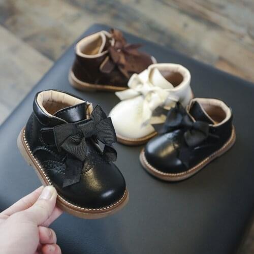 Girls genuine leather Martin boots princess single boots baby autumn and winter plus cashmere bow-knot short boots