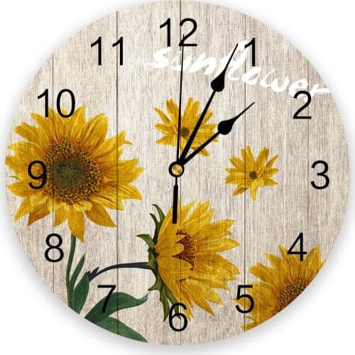 Wood Planks Sunflowers Plants Living Room Clock Wall Round Clocks Decor Home Bedroom Kitchen Decoration Wall Clocks