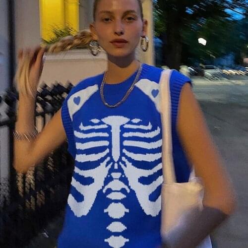 Dourbesty 2021 Autumn Knitted Sweater Vest Oversized Skeleton Print Y2K Aesthetic O Neck Knitwear Women Vintage Sweaters Jumpers