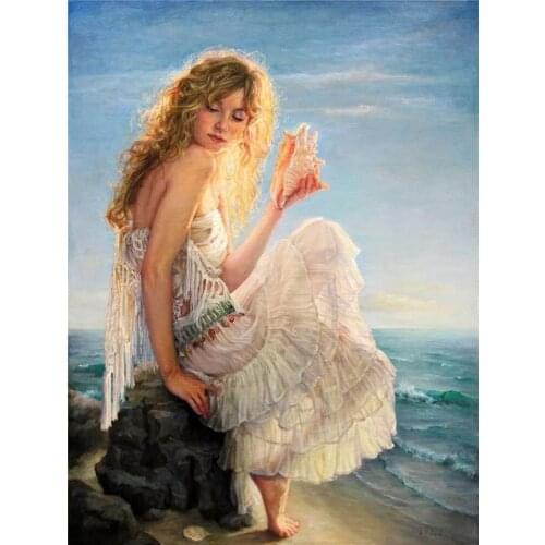 Conch girl, seaside view Painting Cross Stitch Kits Needlework Embroidery Crafts 14ct Unprinted DIY Arts Handmade Home Decor