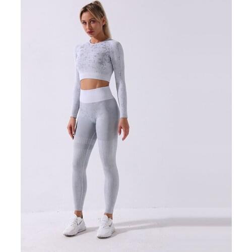 NORMOV New Women Fitness Sets Seamless Elastic Slim Long Sleeve Tops Two-Piece Suit Female High Waist Push Up Pants Workout Set