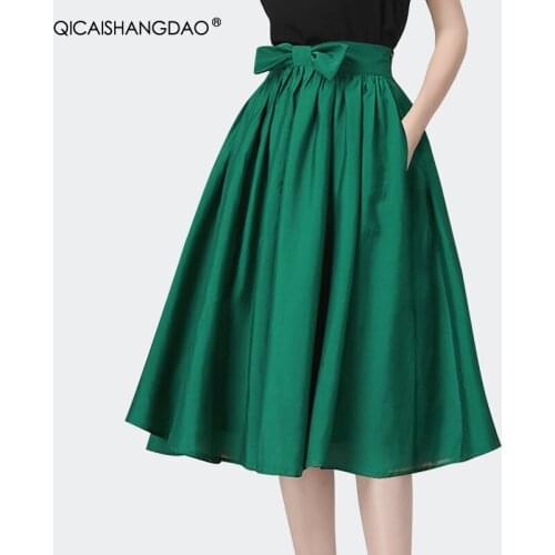 Elegant High Waist A-Line Green Bow Women' Skirt 2021 Summer New Big Swing Mid-Length Ball Gown Bottoms Side Pockets Skirts