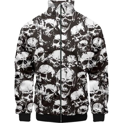 UJWI Spring winter New Man Casual Harajuku Big Size 6XL 3D Printed Personality skull Pattern Colorful skulls Zip Jacket black
