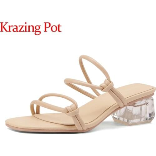 Krazing Pot hot big size square head fish mouth med heels strange style crystal heel young lady mules slip on women sandals L8f5