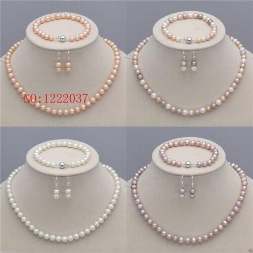 New 7-8mm Natural Freshwater Pearl Necklace18" Bracelet 8" Earrings Jewelry Set