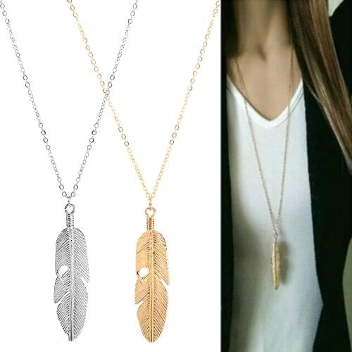 Fashion Feather Pendant Necklaces For Women Vintage Gold Color Long Chain Chokers Jewelry Gifts Bijoux Wholesale