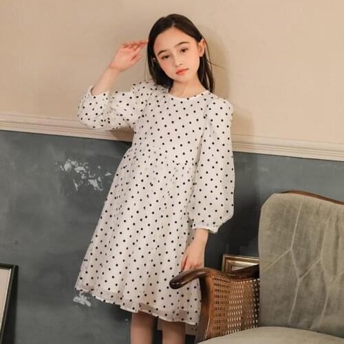 Casual Dot Print Dresses For Girls Long Sleeve O Neck Knee Length Gowns 3 - 14 Children Kids Friends Party Dress Clothing
