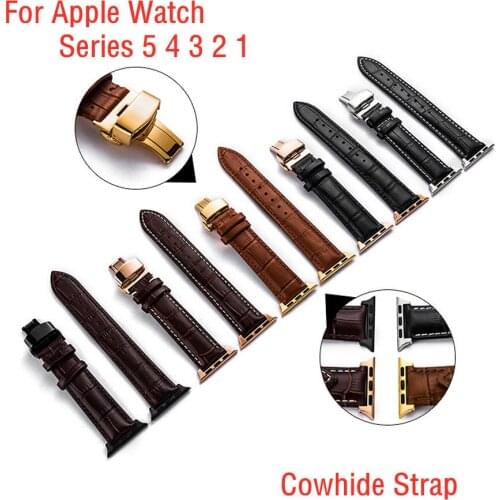 Leather Strap for Apple Watch 5 4 Band Cowhide Apple Watch 44mm 40mm 42mm 38mm iWatch 5 4 3 2 1 Butterfly Buckle Bracelet