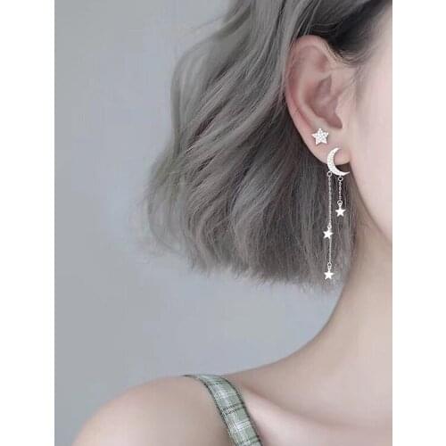Stars And Moon Earrings Irregular Personality Stars Ear Studs Moon Tassel Long Chain Dangle Earring S925 Sterling Jewelry