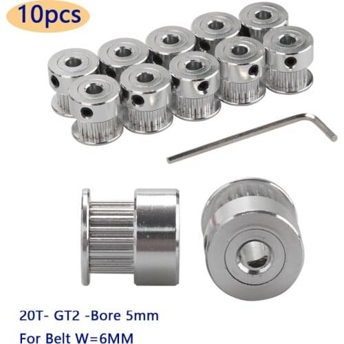 10pcs GT2 Timing Pulley 20 teeth Bore 5mm + 1pc Wrench for Width 6mm GT2 Synchronous Belt 2GT Belt Pulley 20teeth 20T
