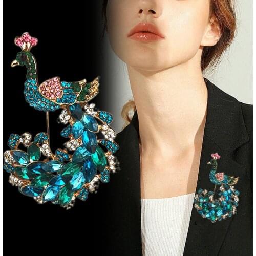 Full Rhinestone Gold-color Peacock Brooches for Women Crystal Brooch Pins Jewelry Accessories