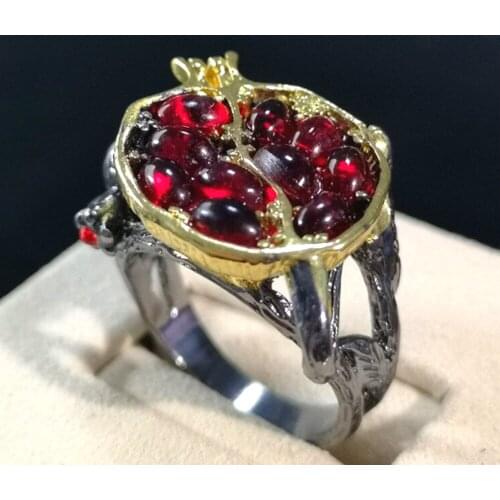 Vintage Round Red Garnet Ring Pomegranate Rings Retro Pomegranate Garnet Rings Fruit Jewelry for Women