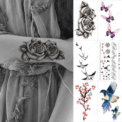 Waterproof Lasting Temporary Tattoo Sticker Rose Butterfly Swallow Flower Branch Cute Child Female Flash Tatoo Stickers