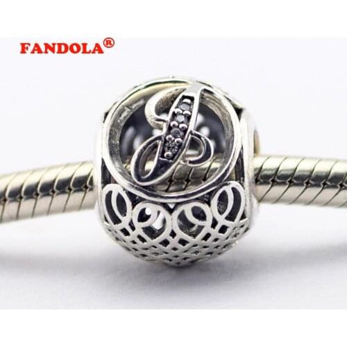 925 Sterling Silver Jewelry Fits Pandora Charms Bracelets Vintage J with Clear Cubic Zirconia Beads Free Shipping