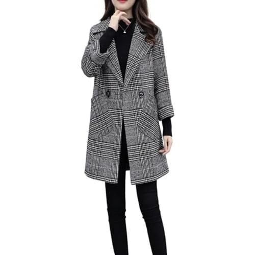 2019 New Autumn winter women thousand bird woolen coat Korean loose Medium long warm Outerwear casual Plaid female wool Jackets
