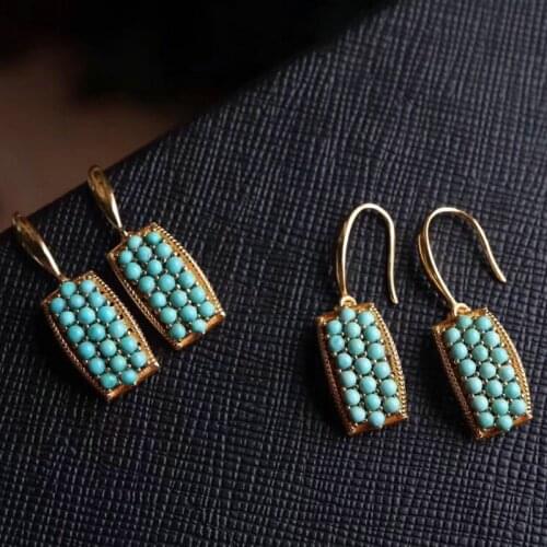 UBESTNICE S925 Handmade Natural Turquoise Beads Gold Filled Geometric Rectangle Drop Earrings Trendy Fine Jewelry for Women Girl