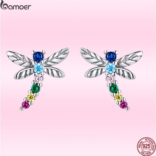 Bamoer New Exquisite Color Dragonfly Ear Studs For Girl Real 925 Sterling Silver Animal Insect Earrings Women Pop Jewelry GAE515