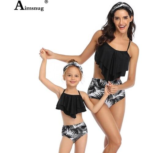 Women Matching Family Mother Girl Tankini Swimsuit Model Flower Print Beachwear 2021 Ruffle Two Pieces Swimwear biquini infantil
