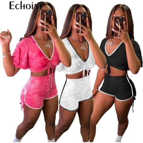 Echoine Womens Sports Two Piece Set Tie-dye Lace up Short Sleeve Pullover Top T-shirt and High Waist Tight Shorts sexy Suit